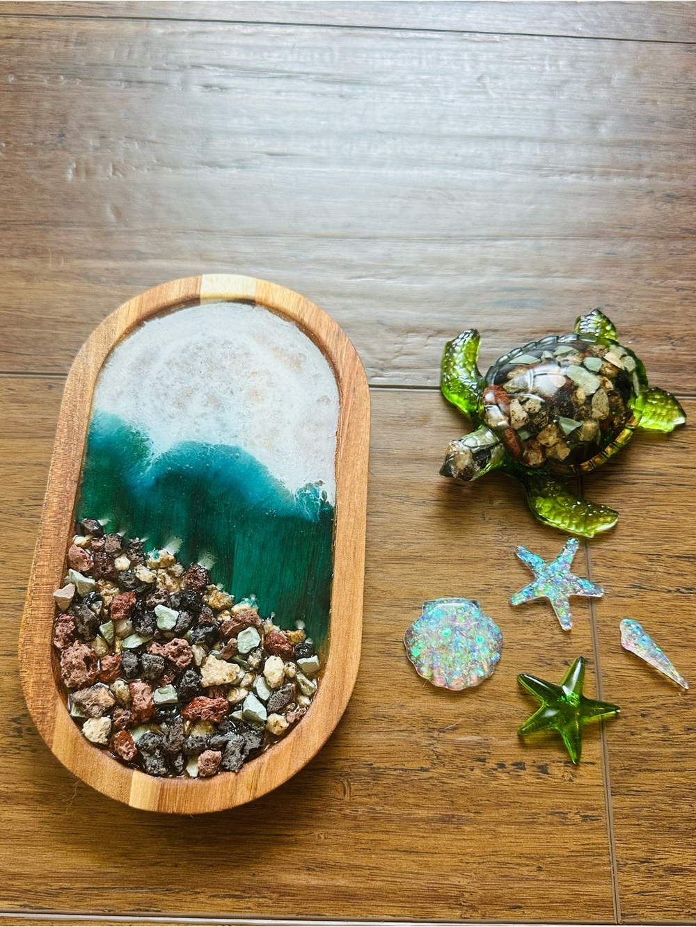 Hand Crafted Ocean Resin & Wood Decorative Tray with Resin Sea Turtle
